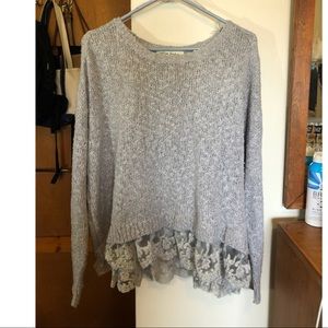Lace Hem Loose Knit Grey Sweater Size L